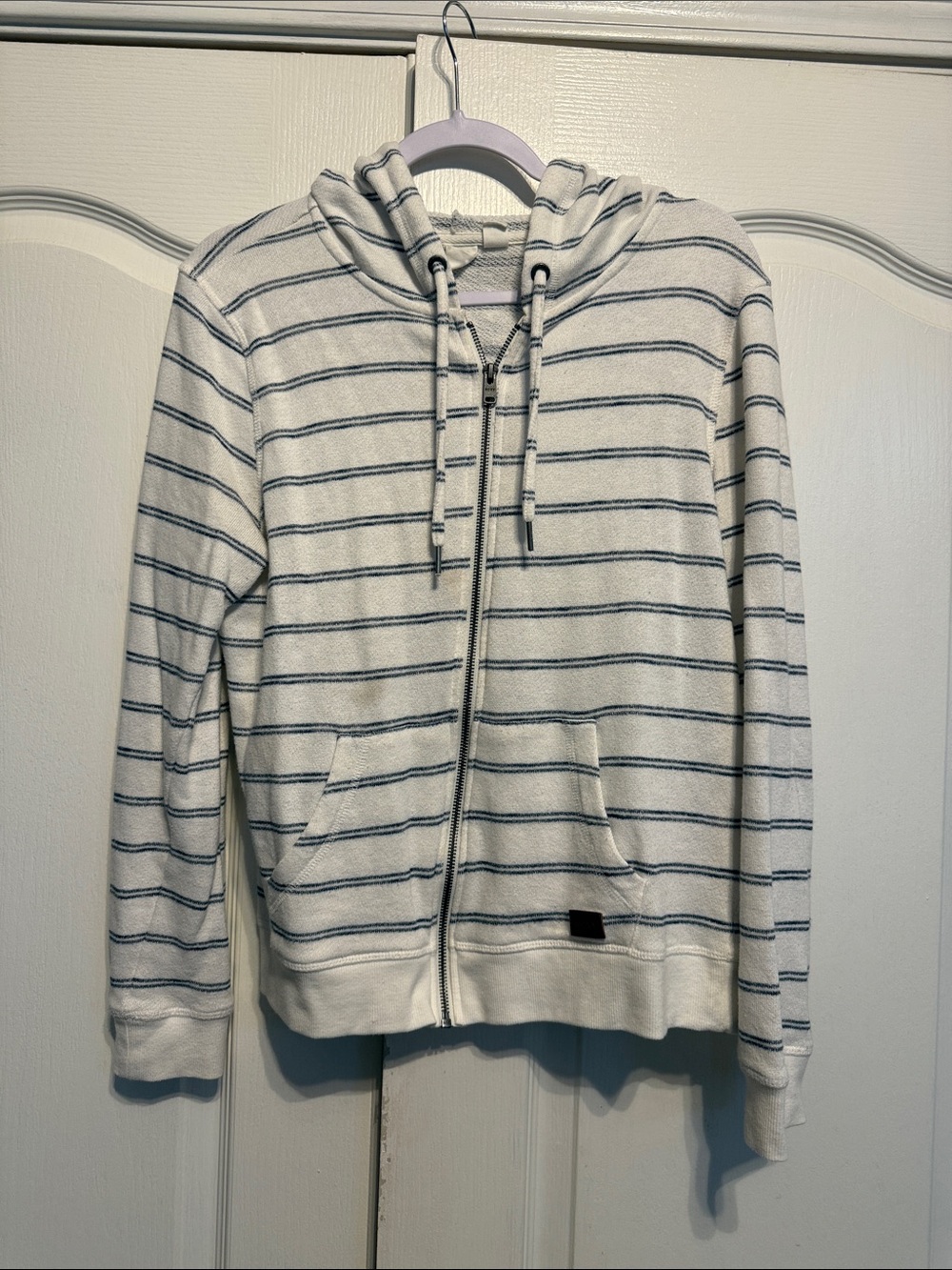 Roxy White Zip Hoodie with Navy Stripe Detail